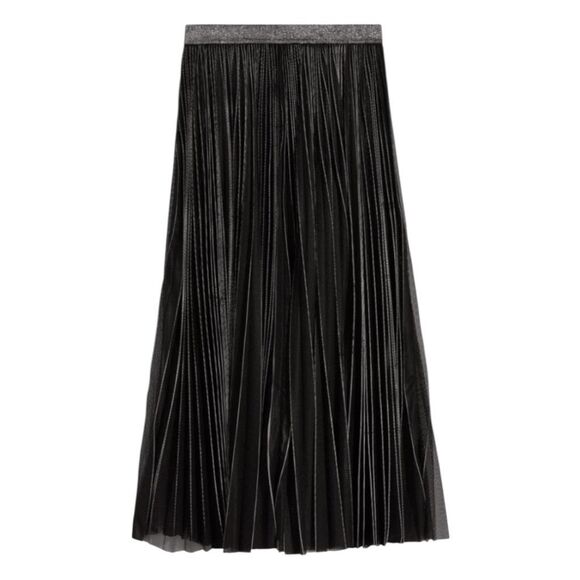 GSTQ Sun Pleated Mesh Pull-On Midi Skirt Black Semi-Sheer M - Picture 2 of 10